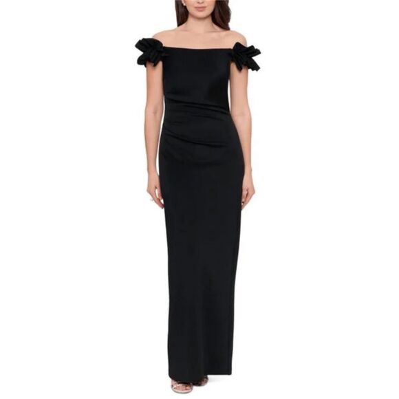 Xscape Ruffle Ruched Scuba Dress - Picture 1 of 8